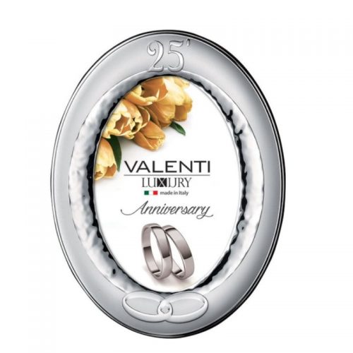Cornice ovale Valenti 25° anni con fedi in argento lucido/satinato con retro in legno. Misure: 13 x 18