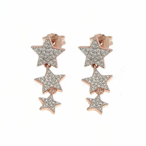 Orecchino in argento 925 rosè, tre stelle a gradazione pendenti con pavè di zirconi bianchi.
