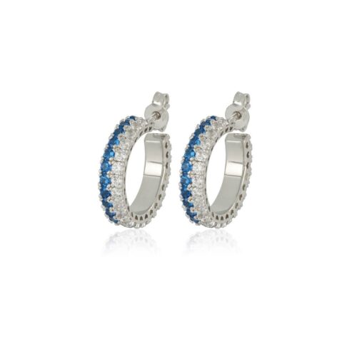 Orecchini argento 925 semi-cerchio doppia fila con zirconi bianchi/blu zaffiro.