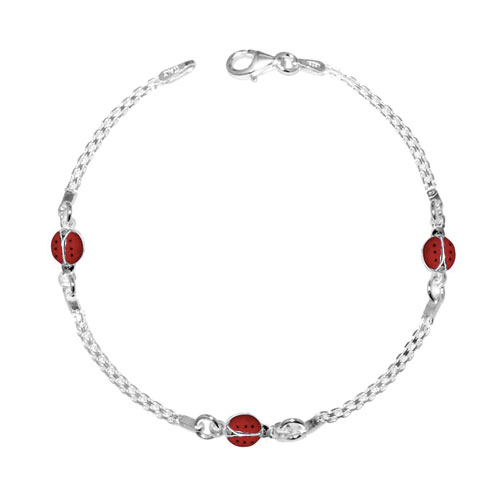Bracciale con catena e accessori in linea a forma di coccinella con smalto rosso applicato, in argento 925.