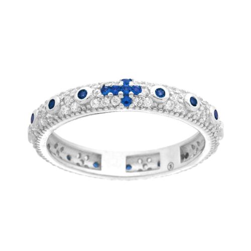 Anello modello rosario con zirconi bianchi, con soggetto croce con zirconi colore Blu Zaffiro.