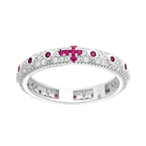 Anello modello rosario con zirconi bianchi, con soggetto croce con zirconi colore rosso rubino.