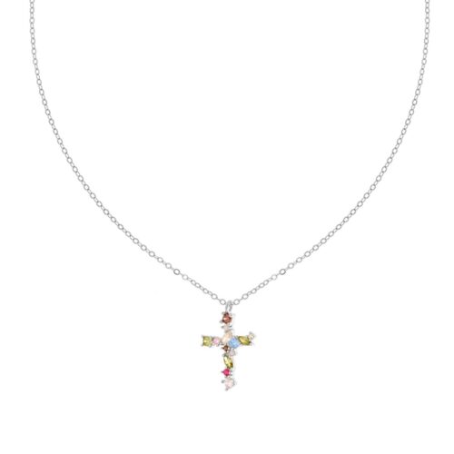 Collana con catena forzatina diamantata con accessorio pendente a forma di croce con cubic zirconia multicolor montati su Griffe.