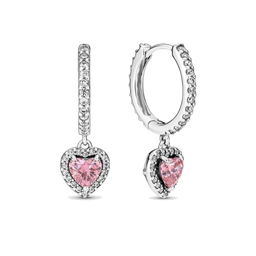 Orecchini cerchio scattino con cuore rosa e zirconi bianchi in argento 925.