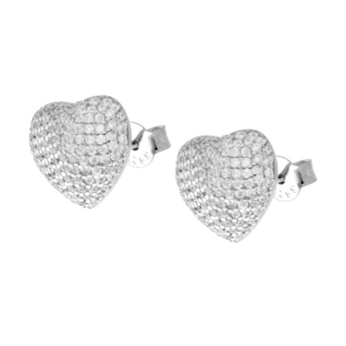 Orecchini a forma di cuore bombato con zirconi bianchi incastonati, con retro con cuoricini traforati, in argento 925.