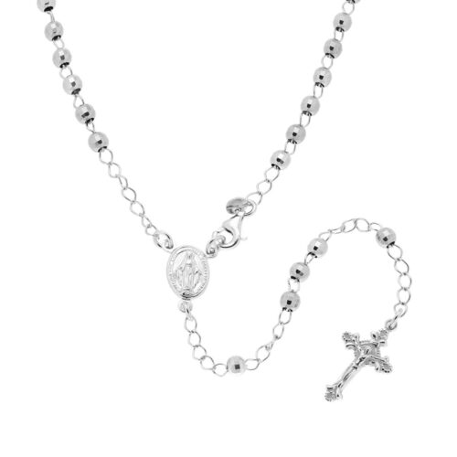 Collana Rosario con Grani a pallina Diamantata Madonna Miracolosa e Crocetta pendente con lavorazione a rilievo. Made in Italy